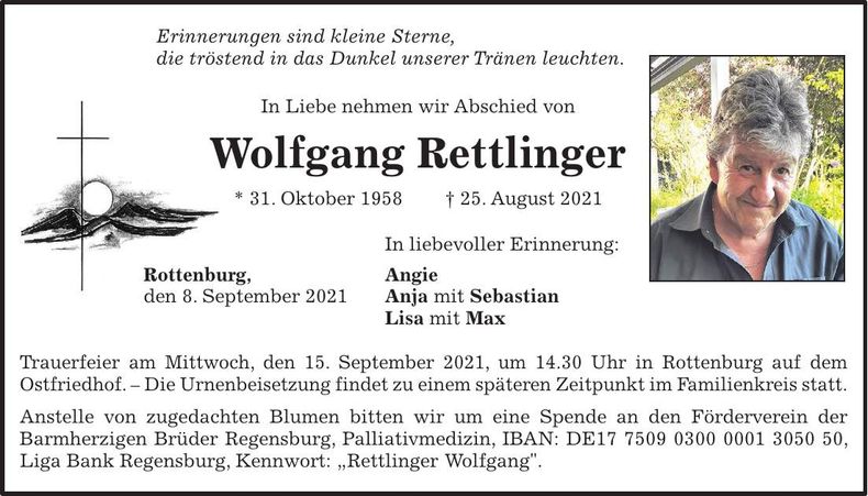 Traueranzeige Wolfgang Rettlinger