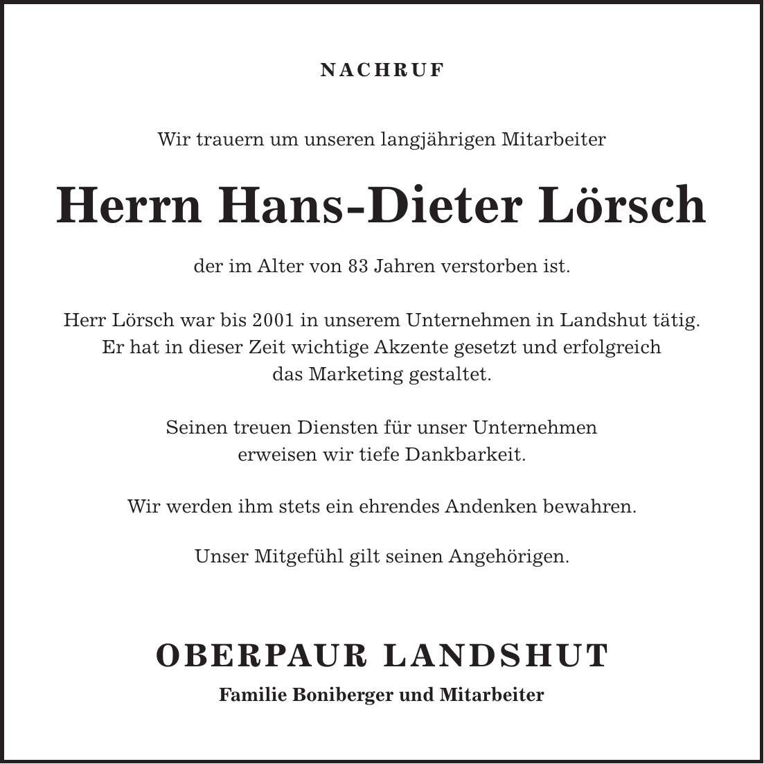 Traueranzeige Hans-Dieter Lörsch