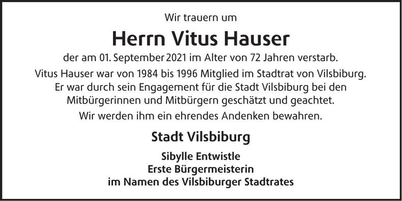 Traueranzeige Vitus Hauser