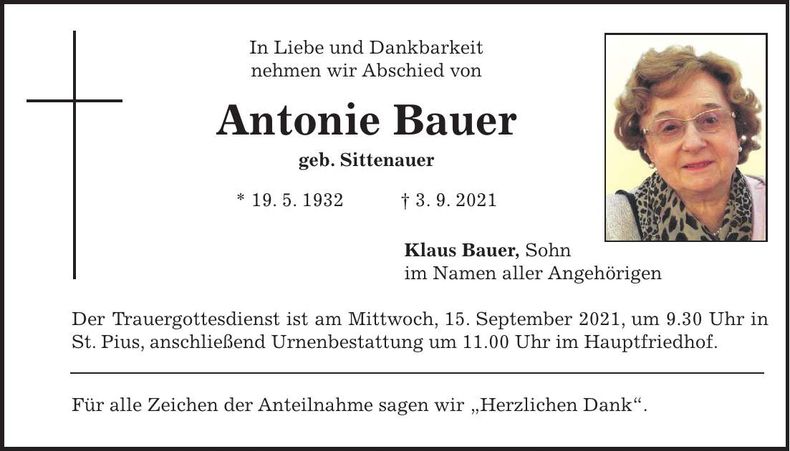 Traueranzeige Antonie Bauer
