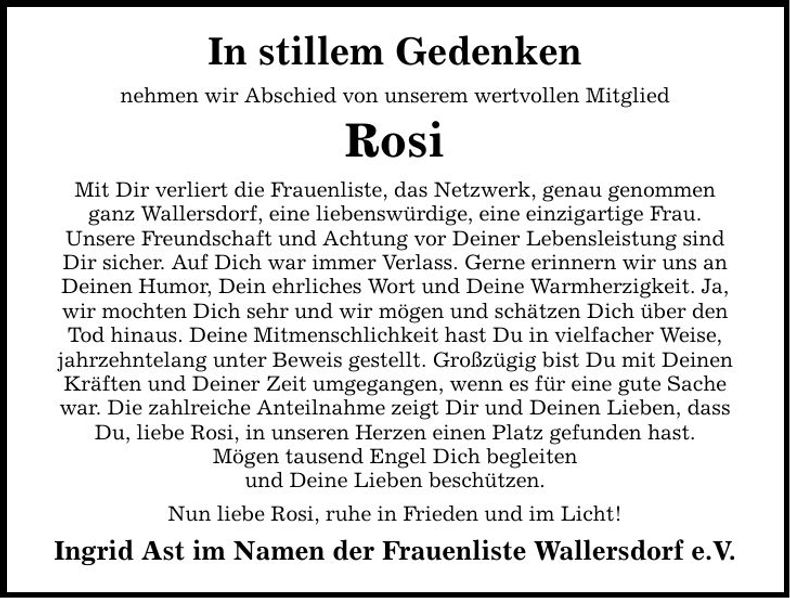 Traueranzeige Rosi Tettinger