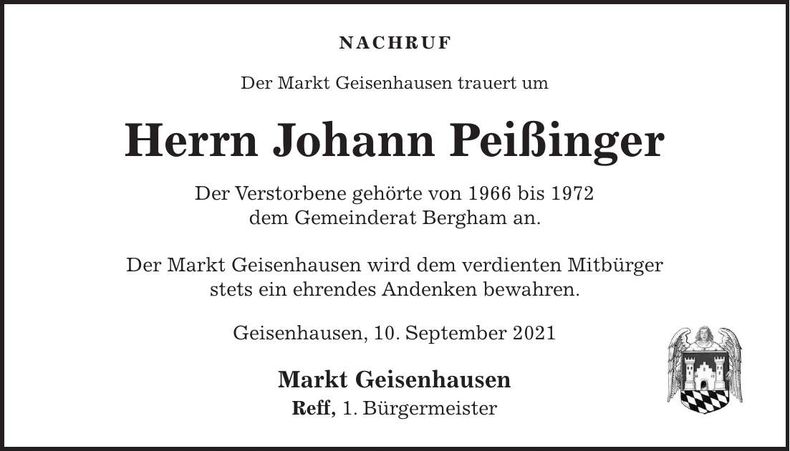 Traueranzeige Johann Peißinger