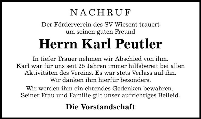 Traueranzeige Karl Peutler