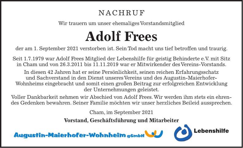 Traueranzeige Adolf Frees