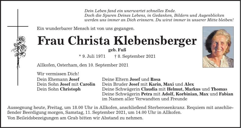Traueranzeige Christa Klebensberger