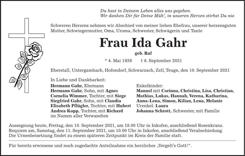 Traueranzeige Ida Gahr