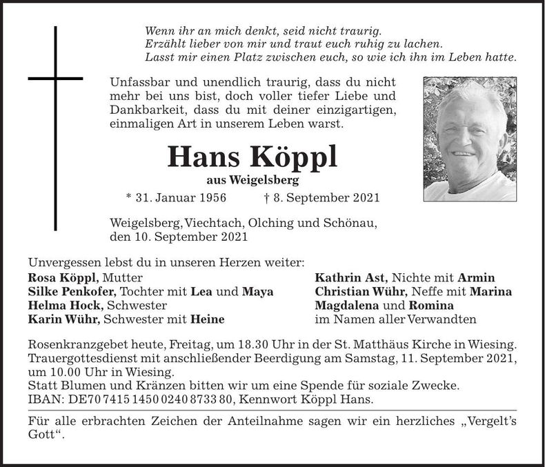 Traueranzeige Hans Köppl
