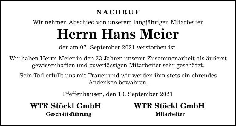 Traueranzeige Hans Meier