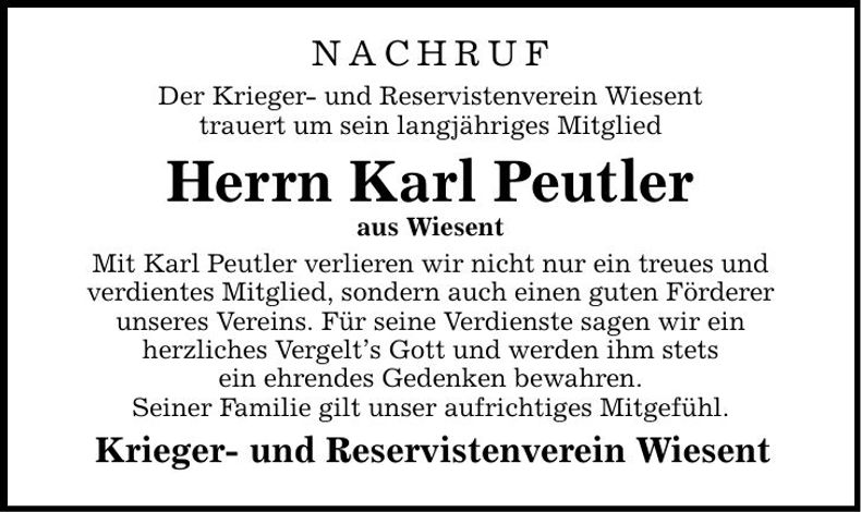 Traueranzeige Karl Peutler