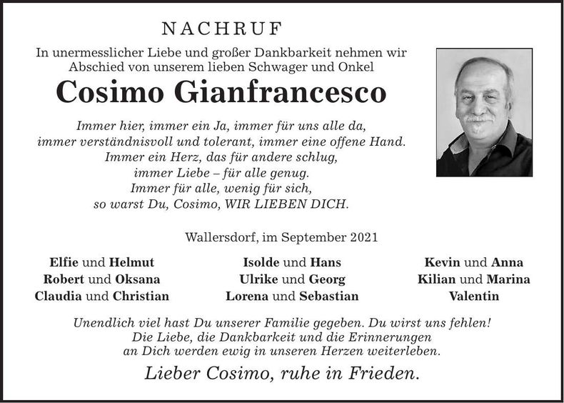 Traueranzeige Cosimo Gianfrancesco
