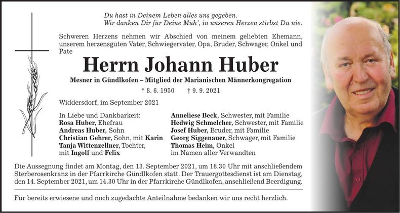 Traueranzeige Johann Huber