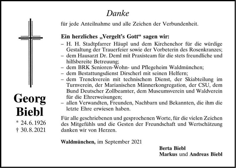 Traueranzeige Georg Biebl