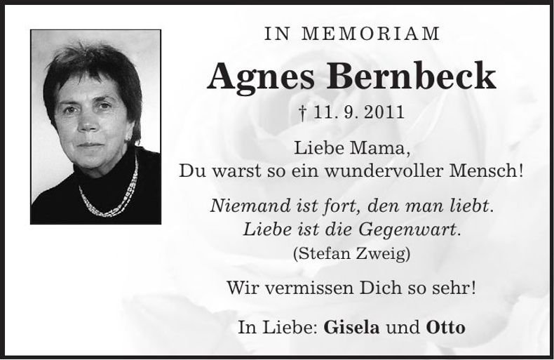 Traueranzeige Agnes Bernbeck