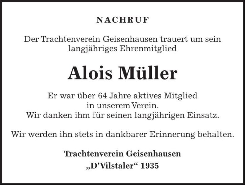 Traueranzeige Alois Müller