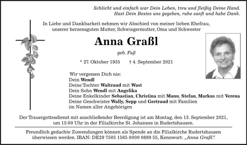 Traueranzeige Anna Graßl