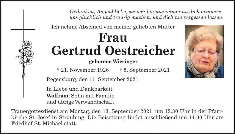 Traueranzeige Gertrud Oestreicher