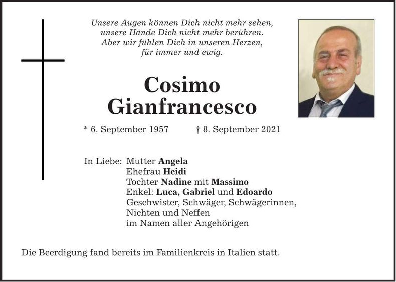 Traueranzeige Cosimo Gianfrancesco