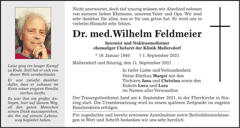 Traueranzeige Dr. med. Wilhelm Feldmeier