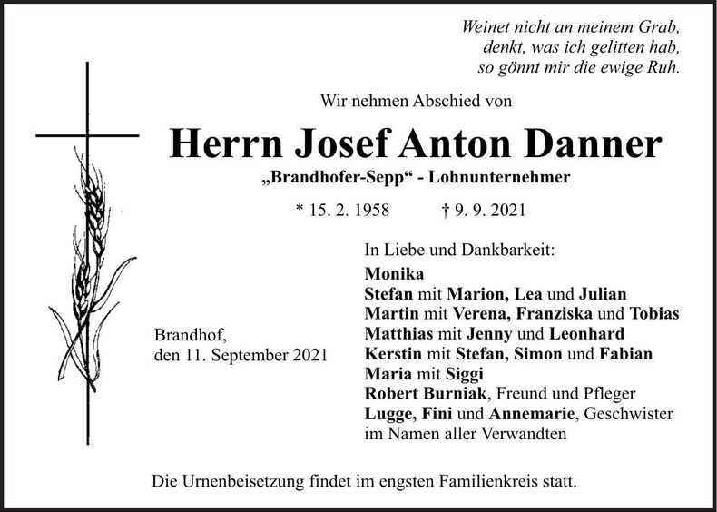 Traueranzeige Josef Anton Danner