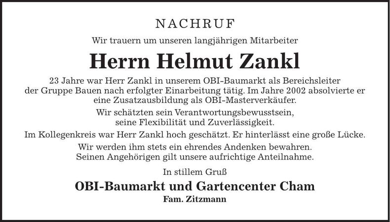 Traueranzeige Helmut Zankl