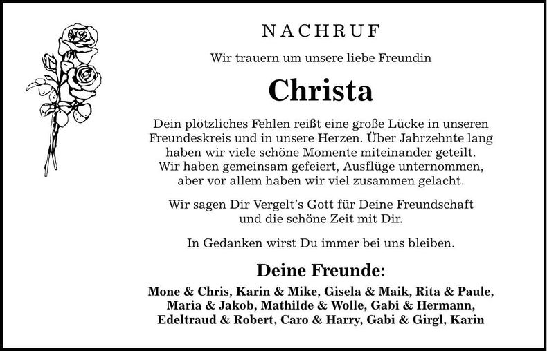 Traueranzeige Christa Klebensberger