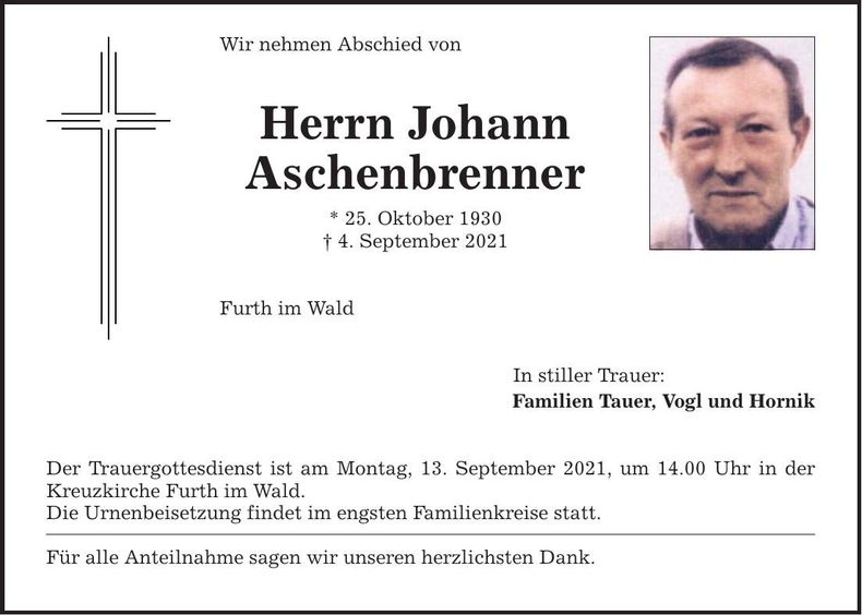 Traueranzeige Johann Aschenbrenner