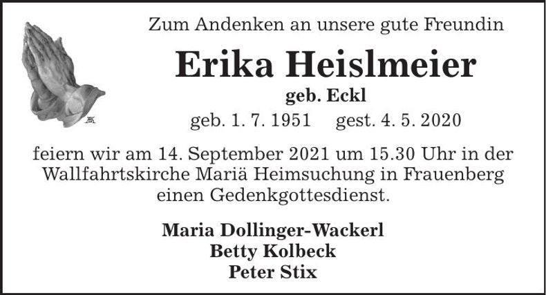 Traueranzeige Erika Heislmeier