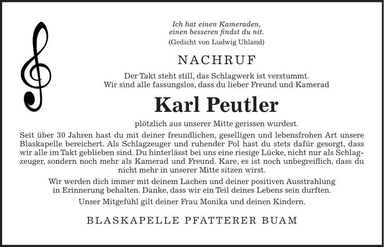 Traueranzeige Karl Peutler