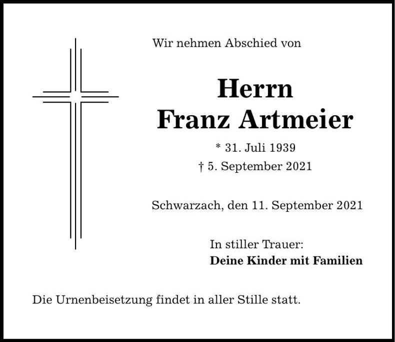 Traueranzeige Franz Artmeier
