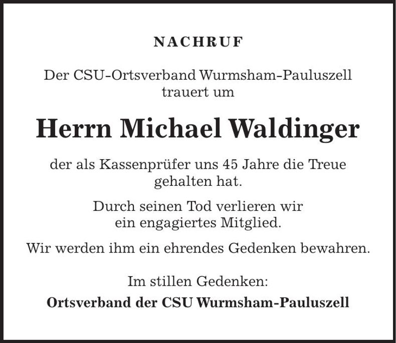 Traueranzeige Michael Waldinger