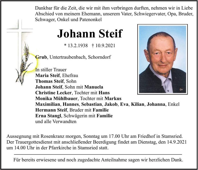 Traueranzeige Johann Steif