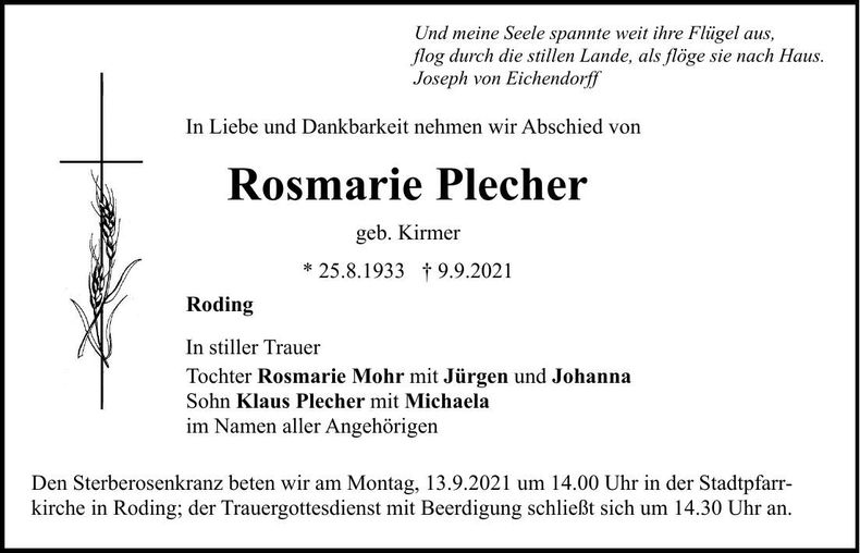 Traueranzeige Rosmarie Plecher