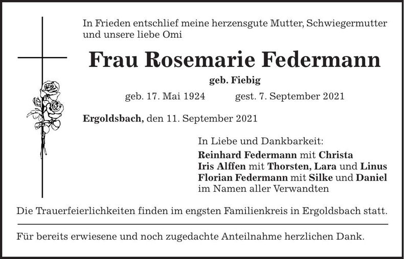 Traueranzeige Rosemarie Federmann