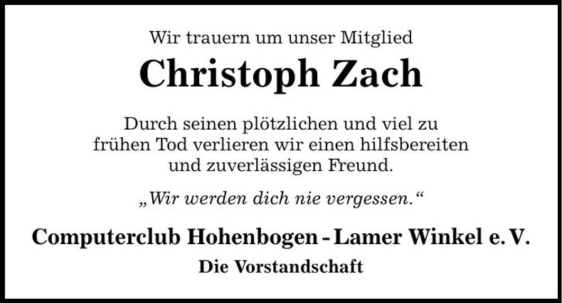 Traueranzeige Christoph Zach
