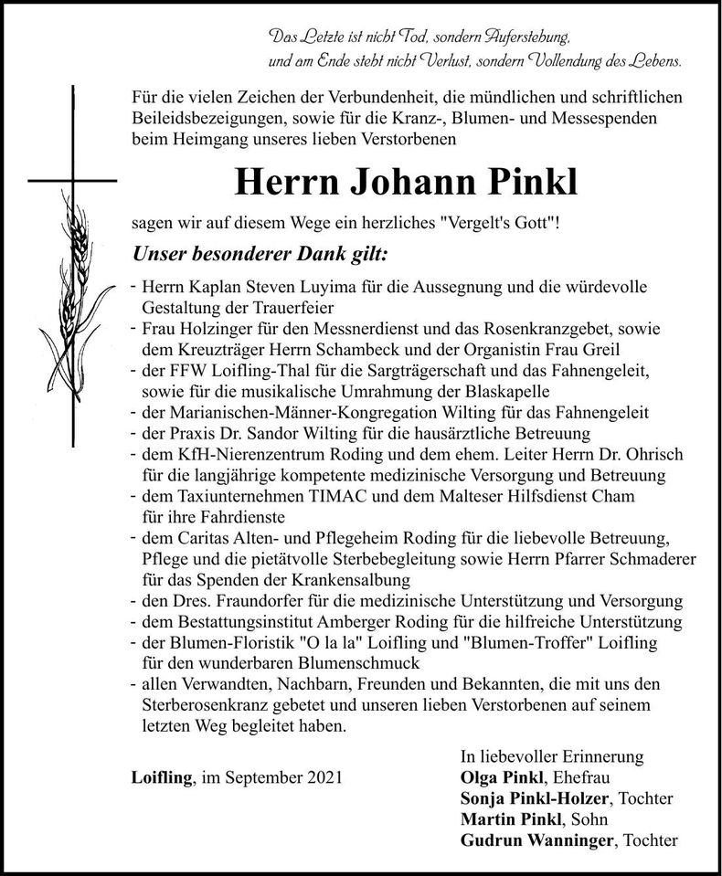 Traueranzeige Johann Pinkl