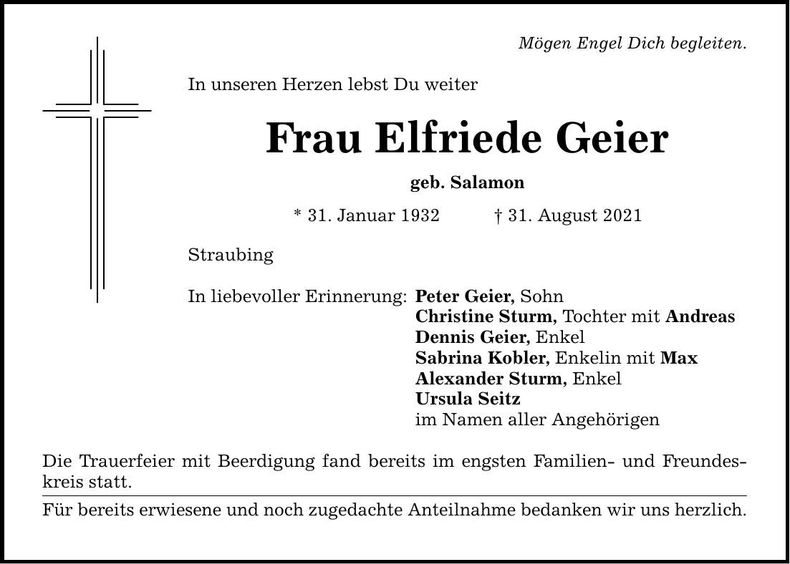 Traueranzeige Elfriede Geier
