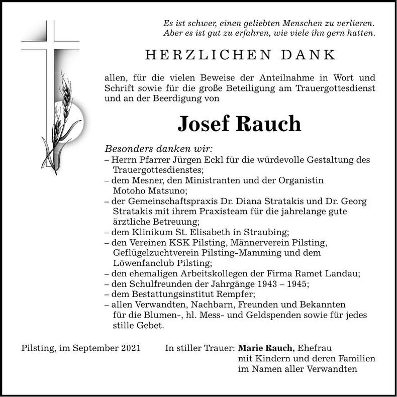 Traueranzeige Josef Rauch