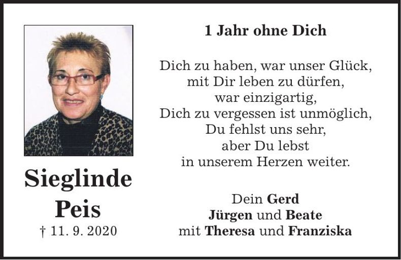 Traueranzeige Sieglinde Peis