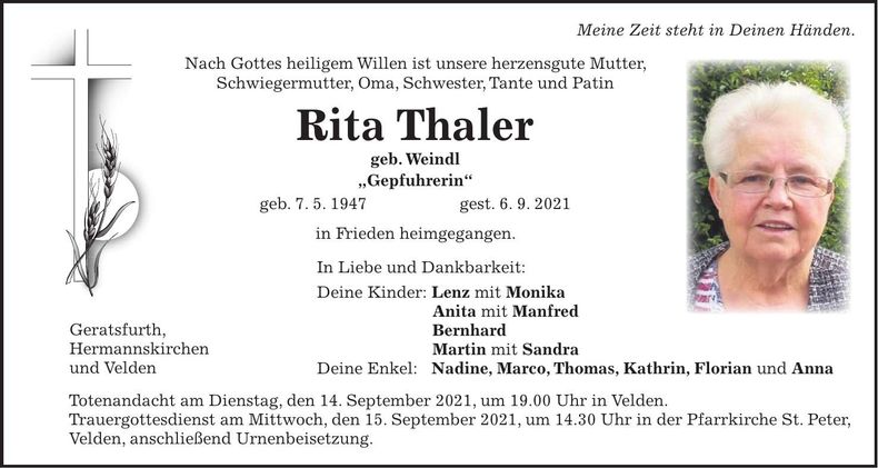 Traueranzeige Rita Thaler