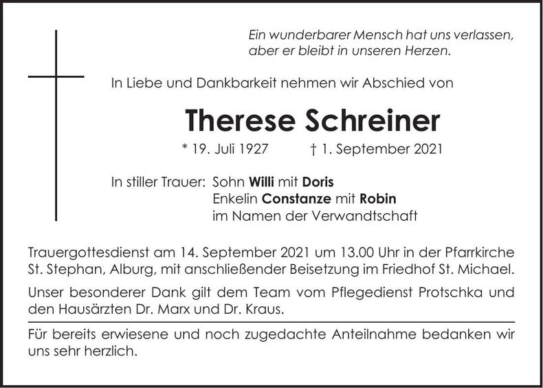 Traueranzeige Therese Schreiner