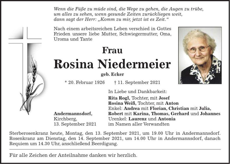 Traueranzeige Rosina Niedermeier