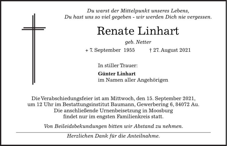 Traueranzeige Renate Linhart