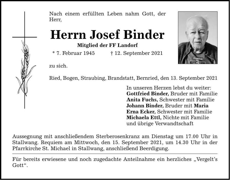 Traueranzeige Josef Binder