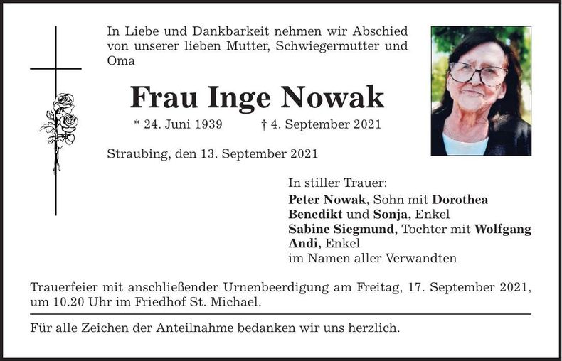 Traueranzeige Inge Nowak
