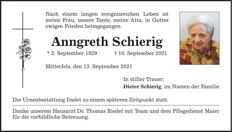 Traueranzeige Anngreth Schierig