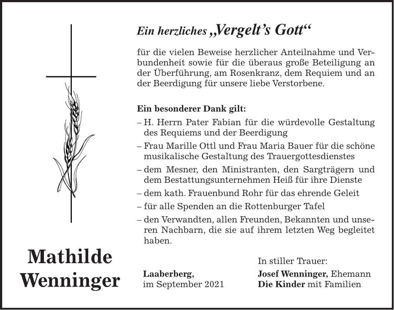 Traueranzeige Mathilde Wenninger