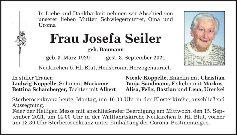 Traueranzeige Josefa Seiler