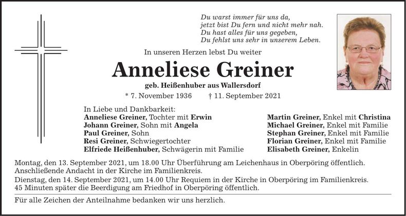 Traueranzeige Anneliese Greiner