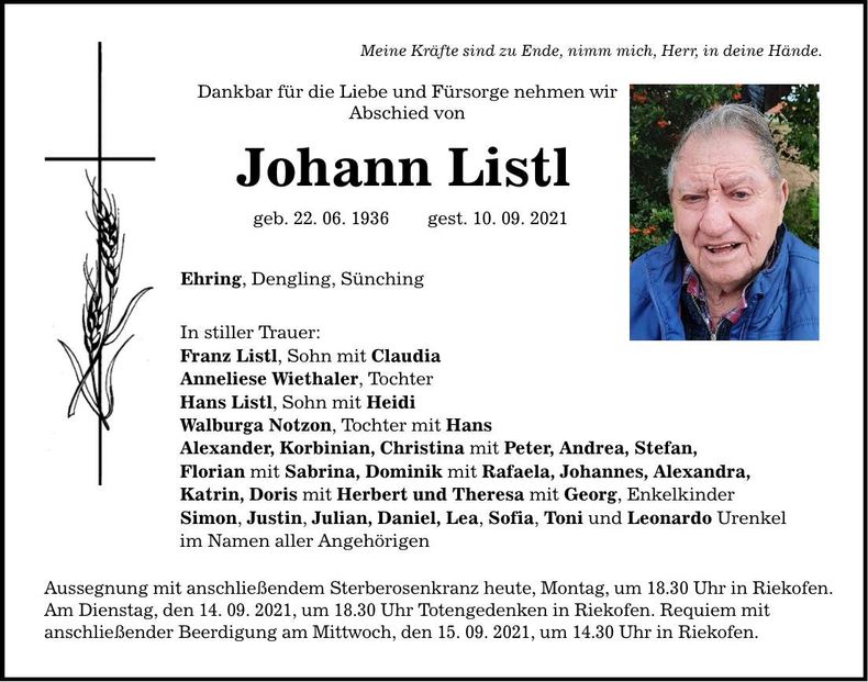 Traueranzeige Johann Listl
