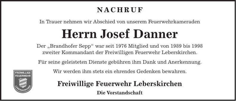 Traueranzeige Josef Danner
